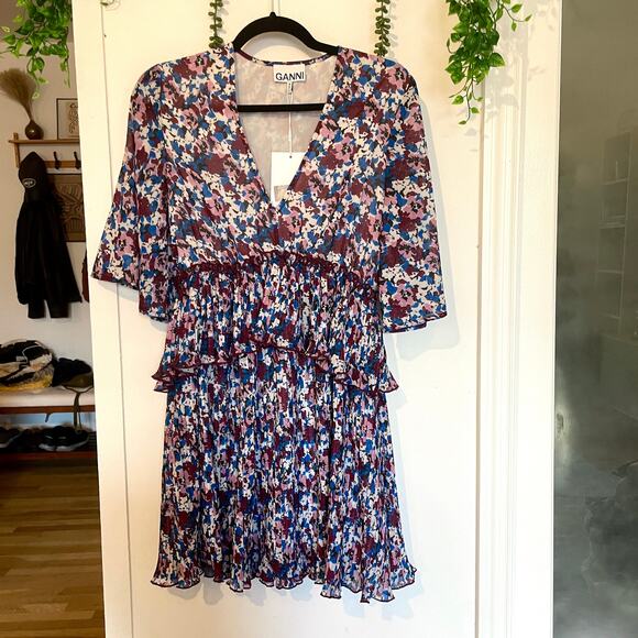 NWT Ganni Pleated Georgette Mini Dress Multi-Color Flounce V-Neck NEW sz 36 - Picture 2 of 16